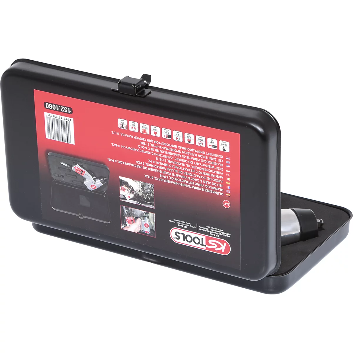 Schwarzer Werkzeugkoffer, geöffnet, mit einem Werkzeug und Beschreibungstext.